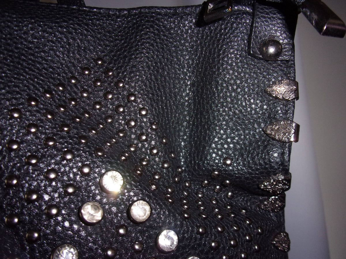 Black studded with crystals  Faux Leather Handbag (19x5x12in)