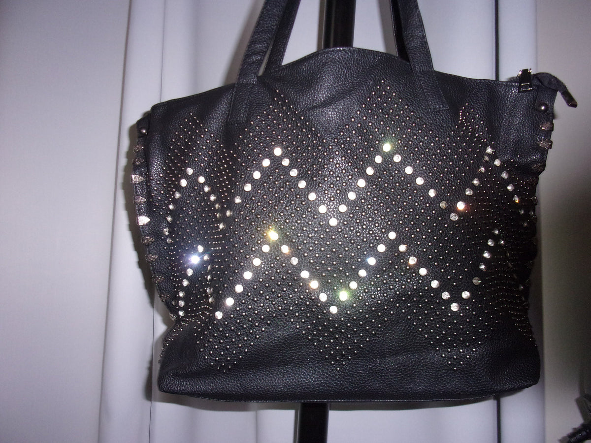 Black studded with crystals  Faux Leather Handbag (19x5x12in)